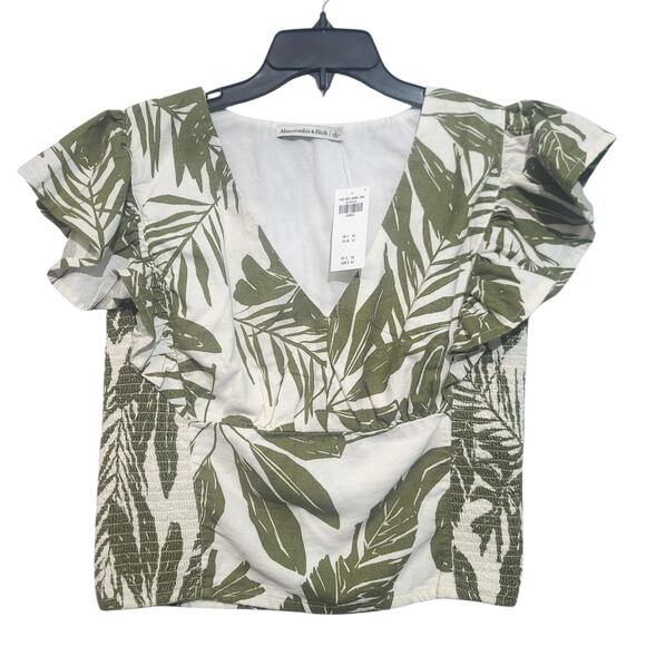 Abercrombie & Fitch Tops - Abercrombie Blouse Large NWT Green Floral Smocked Ruffle Cap Sleeve Linen Blend